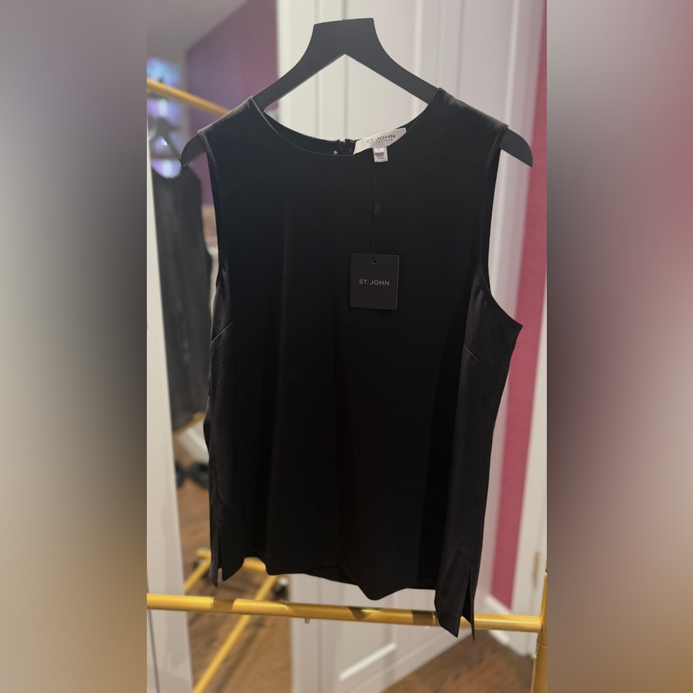 St. John Black Silk Sleeveless Zip-Up Blouse NWT Size L